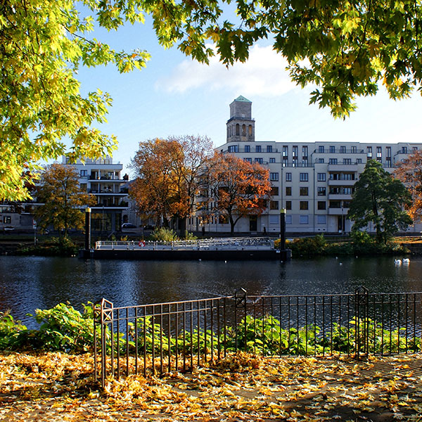 ein Park in Mülheim mit Bäumen und einem Fluss 